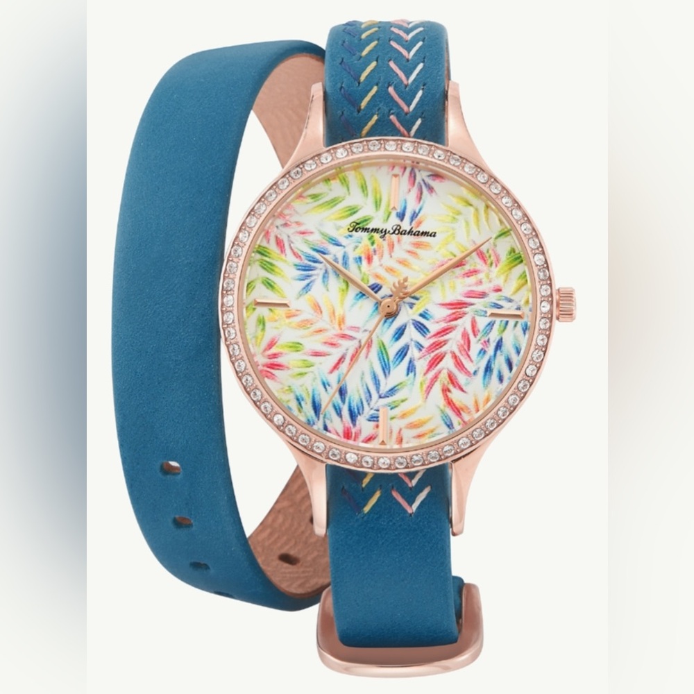 Tommy Bahama x Swarovski Rose Gold Floral Double Wrap Watch NIB